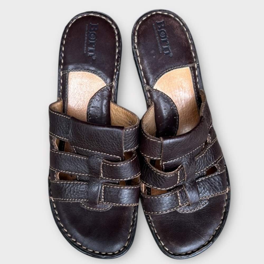 Born Classic Brown Leather Strappy Fisherman Slide Wedge Sandals Size 9